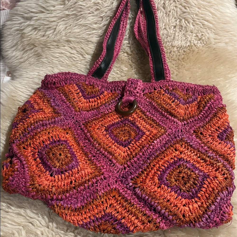 Flora Bella Boho rafia and cotton shoulder bag